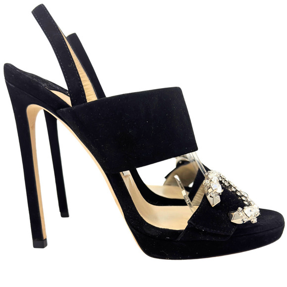 Jimmy Choo Heels White Crystal Black Suede Slingback Platform Sandals EU 36.5 - Picture 6 of 11